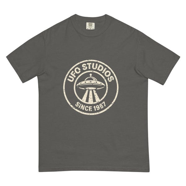 Official UFO Studios heavyweight seal tee mockup from the Etsy collection